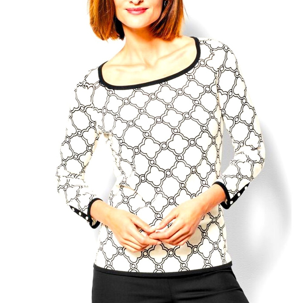 Talbots Square Neck 3/4 Sleeve Sweater Geo Print Black & White Pearl Button Sz S
